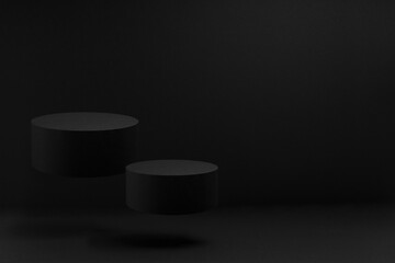 Two black round podiums levitate, set, mockup on black background, shadow. Template for presentation cosmetic products, gifts, goods, advertising, design, display, showing in rich black friday style.