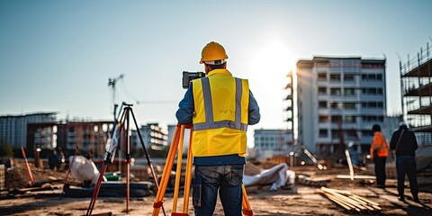 Back view of male engineer wearing helmet and vest standing and supervising progress of construction project with crane in the background, Copy space. Low angle shot.
