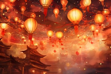 Watercolor illuminated traditional lanterns above vintage Chinese house architecture painting