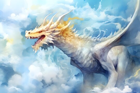 Watercolor blue and gold Chinese dragon standing in the cloud painting background