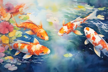 Watercolor Japanese koi carp fish swimming underwater among lotus animal symbol of luck prosperity 