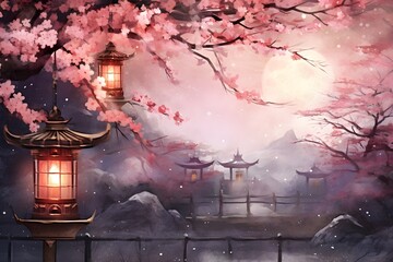 Watercolor Japanese Zen garden lake with glowing hanging lantern on cherry blossoms tree background
