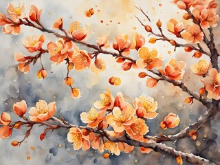 Watercolor yellow apricot flower - Hoa Mai in Vietnam lunar new year background painting wallpaper