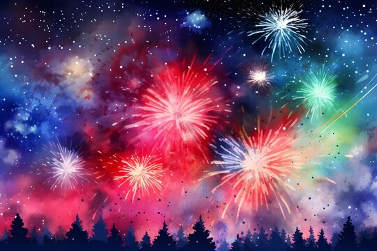 Watercolor vibrant fireworks in forest skyline silhouette background for holiday celebration design