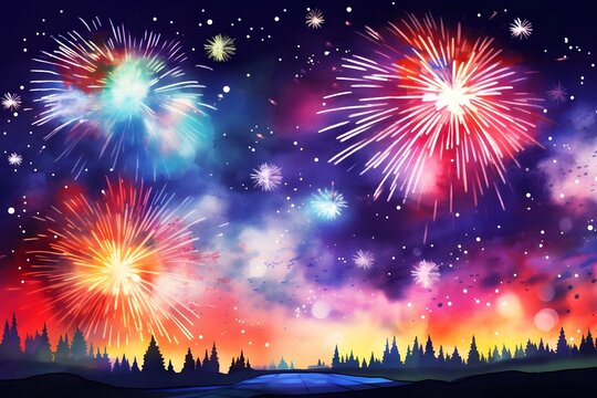 Watercolor vibrant colorful galaxy nebula firework in night sky background painting wallpaper