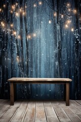 A wooden bench in front of a dark forest with lights. Generative AI. - obrazy, fototapety, plakaty