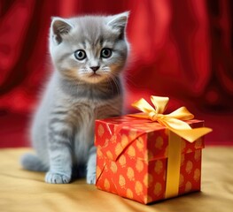 A kitten sitting next to a red gift box. Generative AI.
