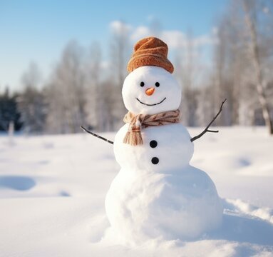 A snowman is standing in the snow. Generative AI.