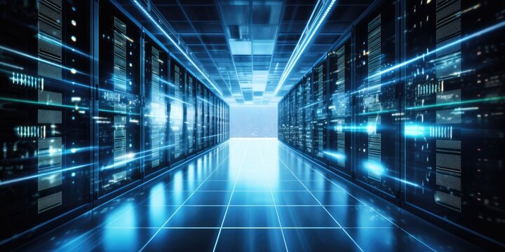 The pulse of the internet: rows of servers and storage systems work tirelessly in a dimly lit data center. 