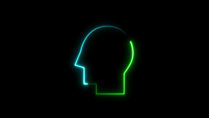 Glowing blue and purple neon line Human Head silhouette icon isolated on black background