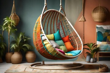 Colorful hanging chair with cushions, throws, or other decorative elements.