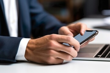 Fototapeta premium Close-up shot of a man in a suit working using a tablet at a table