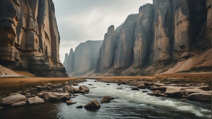 Large rock formations at the side of a river from Generative AI - Powered by Adobe