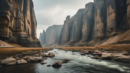  Large rock formations at the side of a river from Generative AI © SevenThreeSky