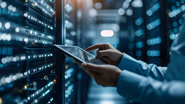Photo of person with tablet in his hands conducting analysis on server rack