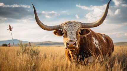 A wild longhorn cow on the prairie, AI Generative.