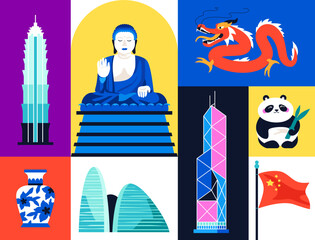 Landmarks of China - set of flat design style illustrations. Colored images of Skyscrapers Wangjing SOHO, Jin Mao and Bank of China Tower, buddha statue, dragon, porcelain vase, panda, national flag - obrazy, fototapety, plakaty