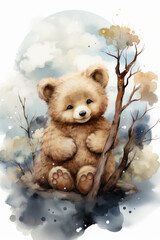 Cute baby bear cartoon in watercolor style. AI Generative