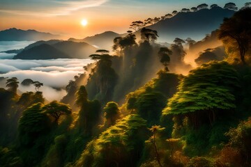 Fototapeta na wymiar Beautiful Landscape of mountain layer in morning sun ray and winter fog at Doi Hua Mae Kham, Mae Salong Nai, Chiangrai, Thailand-