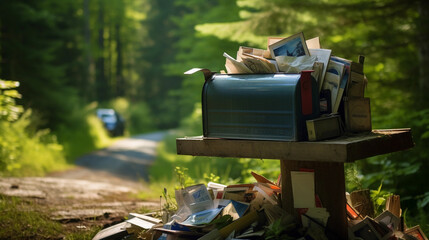 A rural mailbox is overflowing with an assortment of mail, including letters, bills, and various types of unsolicited mail, indicating either neglect or a busy recipient.  - obrazy, fototapety, plakaty