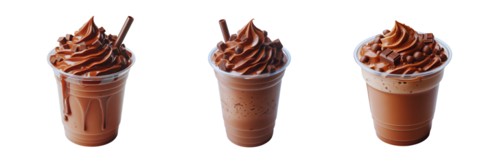 Collection Set of chocolate milkshake on plastic cup, isolated over on transparent white background