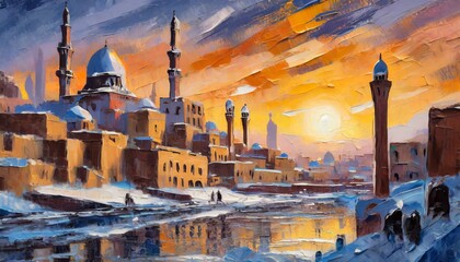 art oli paint style lanscape that town in winter and sunset at Istanbul