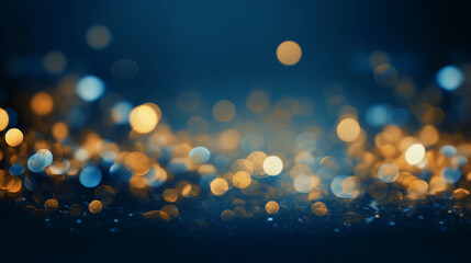 blue and gold bokeh, gold and silver, depth of field, defocus, haze, golden lights, blue and gold background, luxury feeling, blue night lights, dark background, party 