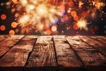 Wooden Table in Front of Blurred Fireworks Background - Festive Celebration Setting Created with Generative AI Tools