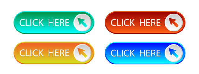 Fototapeta premium Click Here button set vector. Click here button with arrow pointer clicking. Click here vector web button. Web button with action of arrow pointer. UI button concept. Vector illustration