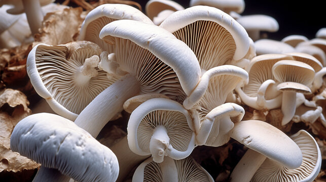 Jamur tiram putih. White oyster mushrooms. Oyster mushroom is a food fungus. AI Generative