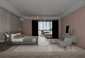 3d render. Modern hotel room interior scene.