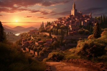 Radiant Italian city sunset hills. Historic italian village. Generate Ai