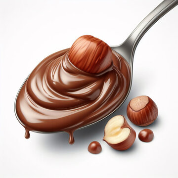 Spoon of melted chocolate hazelnut cream isolated on a white background.