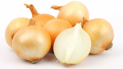 Onion, White Background, Cut Out, White Color, Half Full. Whole golden onion bulb . AI Generative