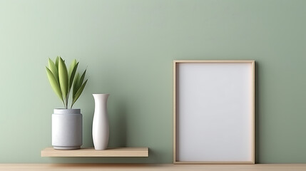Small vertical wooden frame mockup in scandinavian style, green plant on ceramic pot and colored pastel books on a wooden shelf on green wall background. 3d render. Generative Ai