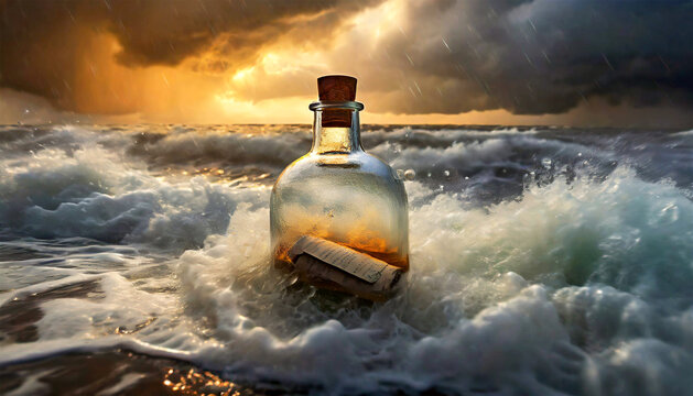 Closeup of a message in a bottle floating in the waves of the stormy sea. Generative Ai.