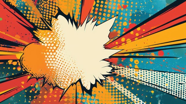 Retro-colored comic art background featuring pop art style with comic bubbles and dots.
