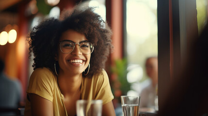 Black afro American business woman having a friendly lunch with colleagues at a local cafe, she engages in casual conversation, fostering a positive and collaborative atmosphere