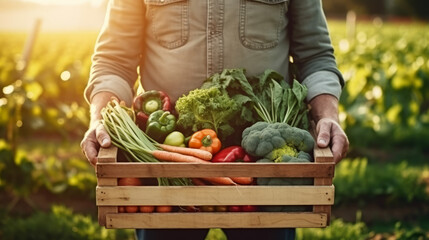 Agriculturist holding a box of freshly harvested vegetables and fresh seasonal greens from the garden - obrazy, fototapety, plakaty