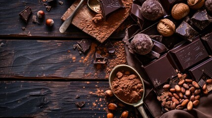 Handmade chocolate with hazelnuts, dark chocolate pieces, cocoa in a vintage spoon, chocolate truffles on a dark wooden background top view. Chocolate variety concept