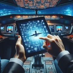 Smart tablet with holographic symbols icons floating around in aircraft cockpit