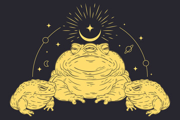 Three toads with abstract spiritual graphic elements in vintage cartoon style. Mystery composition. Vector illustration. - 698976990