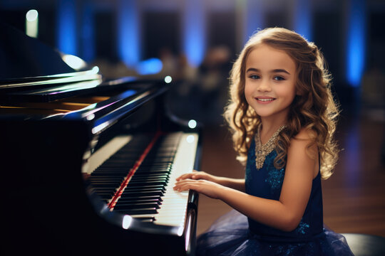 a little girl is playing the piano and smiling