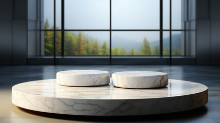 Round marble podium in the room with window view, mockup for presentation