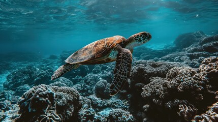Fototapeta premium Close-up photography of a tortoise swimming in the ocean. 