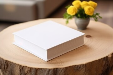 Fototapeta premium White book mockup with yellow flowers on table. AI Generated