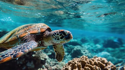 Fototapeta premium A close view of a turtle in its natural habitat, gracefully swimming in the ocean.