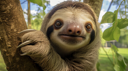 Wild sloth hanging on tree with funny face and relaxed look, AI Generative.
