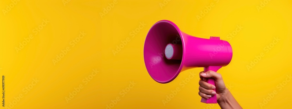 Wall mural hand holding bright pink megaphone on yellow background for advertising campaign