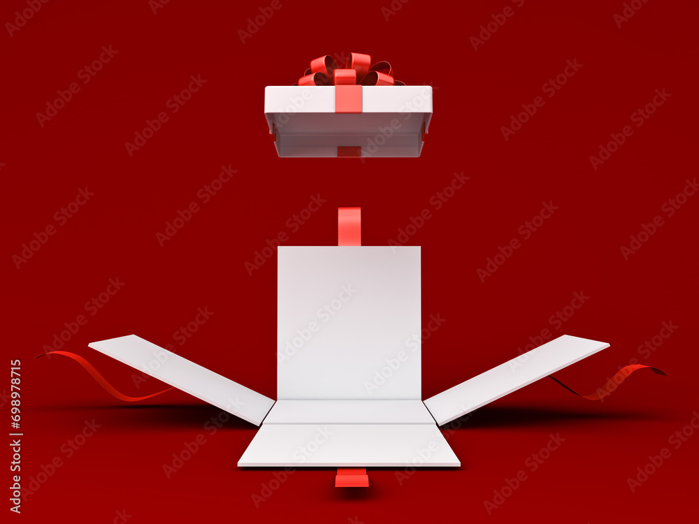 Aufkleber Blank white opening present box or open gift box with red ribbon and bow isolated on dark red background with shadow minimal creative idea concepts 3D rendering